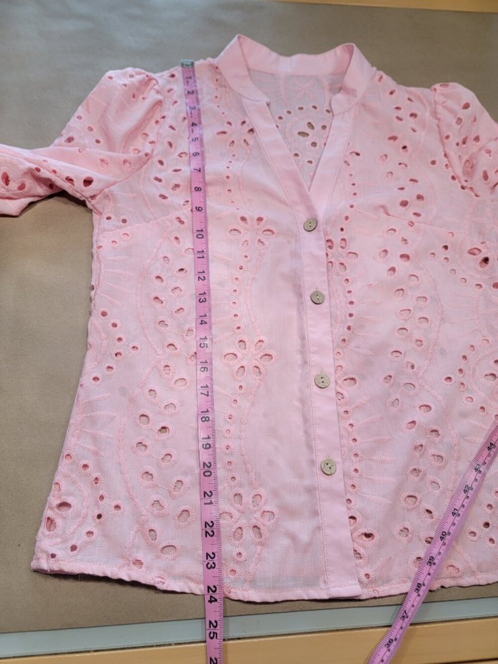 SHEIN Size S (4) Pink Hollow Out Embroidered Collared Button Down Eyelet Shirt - Picture 8 of 10